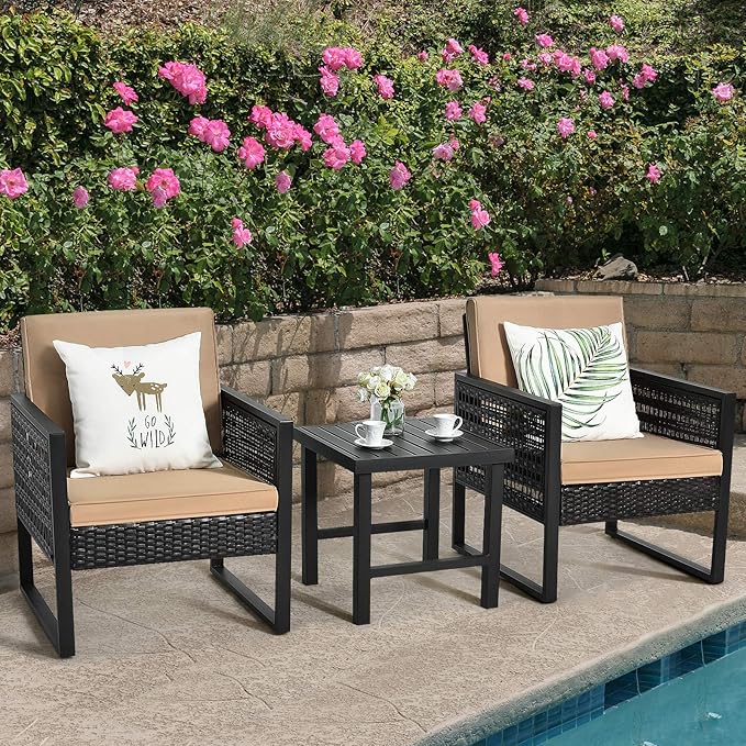 Tangkula 3 Piece Patio Wicker Bistro Set, Outdoor Rattan Sofa, Conversation Furniture w/Coffee Table, Seat and Back Cushions, Garden, Backyard, Balcony, Poolside