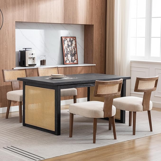 Rattan Dining Chairs Set of 4, Mid Century Modern Dining Chair Upholstered Linen Fabric Kitchen Side Chair, Modern Kitchen Armless Solid Wood Dining Chairs, Beige