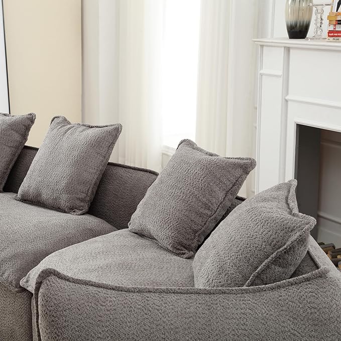129.9” Curved Boucle Sofa Couch, Modern Sectional Sofa Cloud Deep Seat Couch with 4 Pillows, Comfy Modular 4-Seat Couches for Living Room Apartment (Grey)