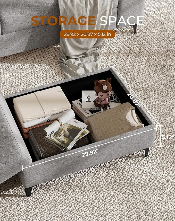 88.97" L Shaped Sectional Couches for Living Room, Deep Seat Sofa with Storage Ottoman & 8”Cushion, Comfy 2-Seater Chenille Loveseat, Convertible Armrest, Removable Cover for Small Space(Light Gray)