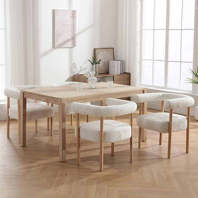 White Boucle Dining Chairs Set of 4, Modern Upholstered Dining Chairs, Curved Backrest Kitchen Dining Room Chairs Accent Chairs Arm Chairs with Natural Wood Legs