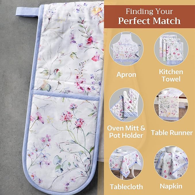 Maison d' Hermine Double Oven Mitts 100% Cotton 7"x35" Double Oven Mitt Heat Resistant BBQ Cooking Gloves with Loop, Baking, Grilling, Home, Kitchen, Handling Hot Pans Spring Summer (Summer Floral)