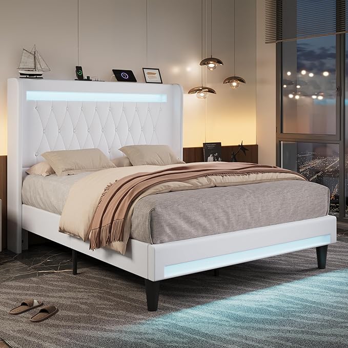 Allewie Upholstered Full Size Platform Bed Frame with LED Light and Charging Station, Button Tufted High Headboard, Wingback Design, Noise Free, Easy Assembly, No Box Spring Needed, White
