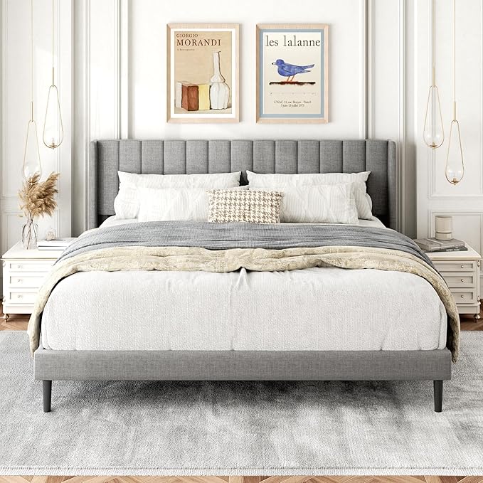 King Size Bed Frame with Wingback Headboard, Upholstered Platform Bed, No Box Spring Needed, Sturdy Wooden Slat Support, Easy Assembly, Light Gray