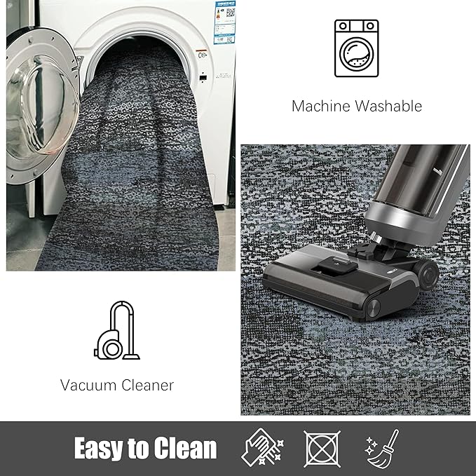 RUGSURE Washable Area Rug - 1/6 Thick - Stain & Water Resistant Non-Slip - Resistant Rug for Living Room, Bedroom, Nursery, Pet & Child Friendly, Vintage Charm Area Rugs (Darkgrey+Bule, 8' x 10')