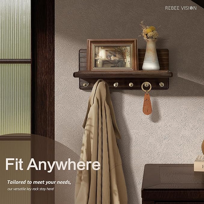 Rebee Vision Acacia Wood Key Holder Wall Mount - Farmhouse Key Holder for Wall with 6 Hooks & Floating Shelf - Apartment Essentials for Home Decor Living Room (Black Walnut)