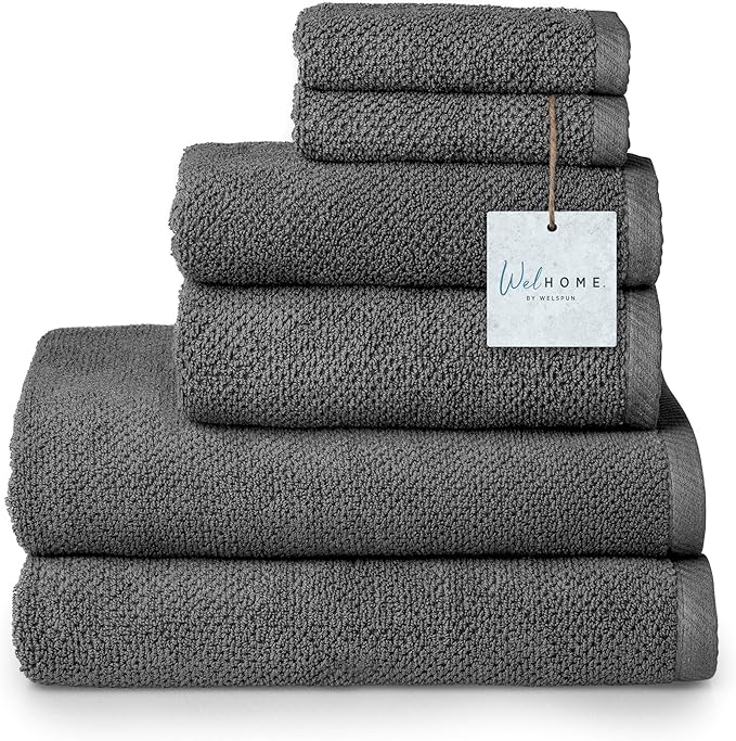 Welhome Franklin 100% Cotton Popcorn Textured Towel Set - 6 Piece 600 GSM, Soft & Plush, 2 Bath Towels, 2 Hand Towels, 2 Washcloths, Dark Gray