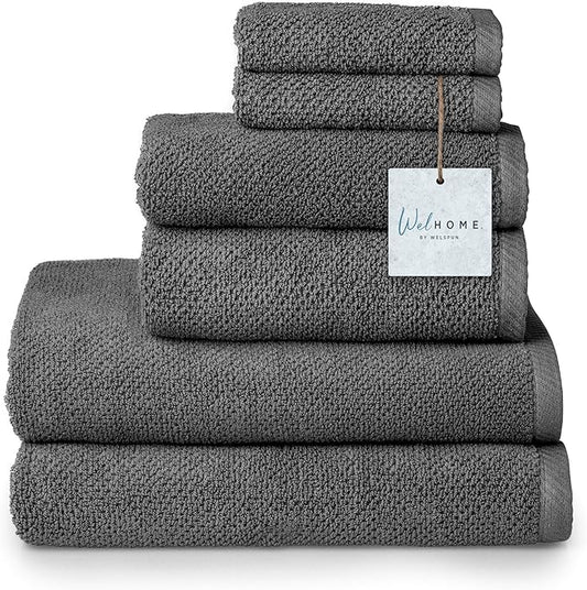 Welhome Franklin 100% Cotton Popcorn Textured Towel Set - 6 Piece 600 GSM, Soft & Plush, 2 Bath Towels, 2 Hand Towels, 2 Washcloths, Dark Gray