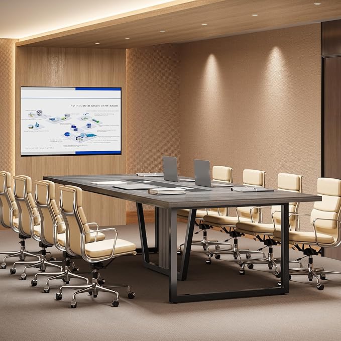 LITTLE TREE 8FT Conference Table for 10 People, Large Meeting Table, Modern Wooden Conference Room Tables with Cable Management, Business Style Training Tables with Strong Metal Legs for Office, Grey