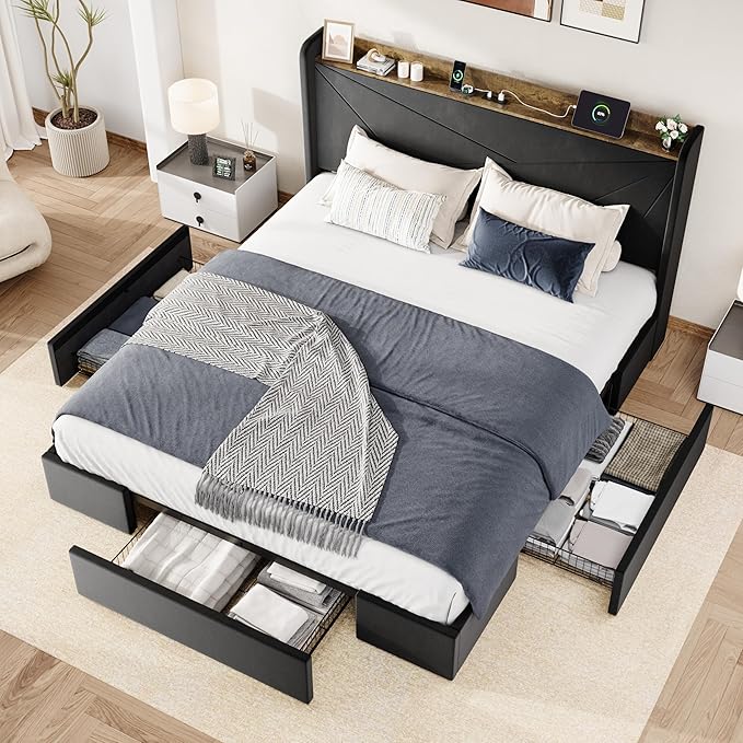 Allewie King Size Velvet Bed Frame with 3 Storage Drawers, Upholstered Platform Bed with Wingback Storage Headboard and USB Ports, No Box Spring Needed, Easy Assembly, Black