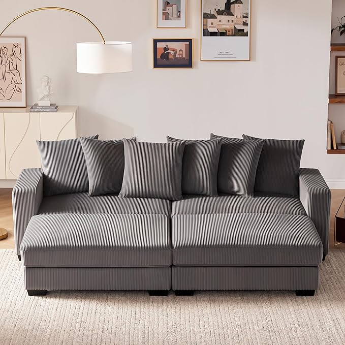 101.6" Deep Seat Corduroy Sectional Couches for Living Room, Comfy Upholstered Modular Sectional Sofa Bed, Cloud Couch with Thickened Cushions Widened Armrests，2 Seats + 2 Ottoman，Dark Grey
