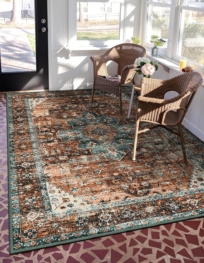 Moynesa Ultra-Thin Washable Vintage Area Rug - 5x7 Large Boho Non-Slip Rug for Bedroom Living Room Oriental Medallion Non-Shedding Print Floor Carpet for Dining Room Home, Brick Red/Dull Teal