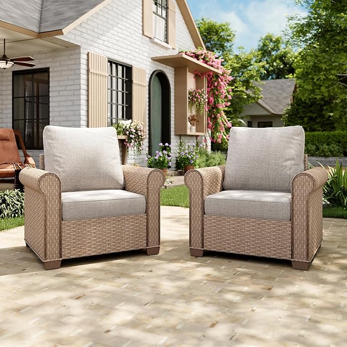 Patio Furniture Set 2 pcs, Wicker Outdoor Patio Furniture, 2 Single Chairs, Rattan Patio Conversation Set for Backyard Deck, Beige