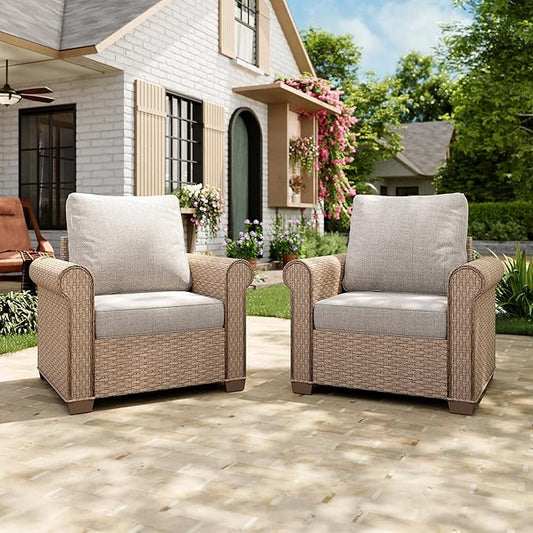 Patio Furniture Set 2 pcs, Wicker Outdoor Patio Furniture, 2 Single Chairs, Rattan Patio Conversation Set for Backyard Deck, Beige