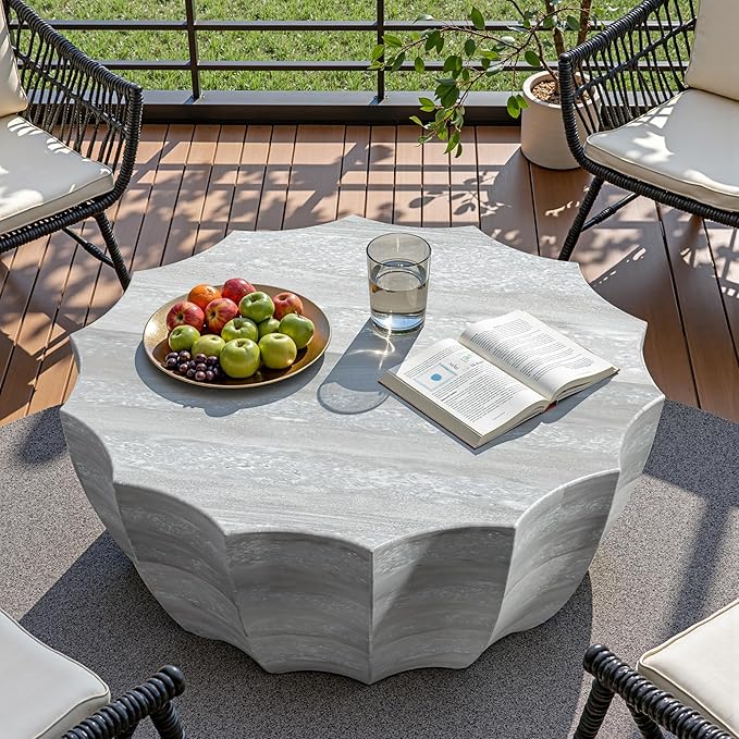 35" Outdoor Round Coffee Table Modern Stylish Design Waterproof & Moisture-Proof No Assembly Required Outdoor Coffee Table for Patio, Garden, Backyards - US Warehouse (Marble White)