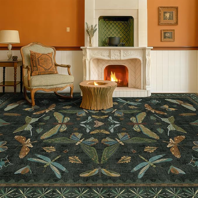 6x9 Dark Green Area Rugs for Dining Room - Rugs for Living Room, Bedroom Under Bed, Insect Moth Floral Non Slip Low Pile Floor Carpet