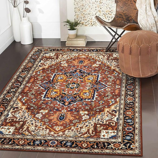 Moynesa Ultra-Thin Washable Oriental Area Rug - 3x5 Non-Slip Laundry Room Rug, Non-Shedding Stain Resistance Low Pile Kitchen Mat Indoor Throw Carpet for Fall Decor Bathroom, Brown/Multi