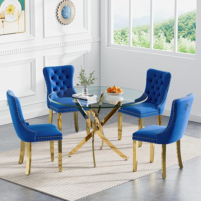 Goujxcy 5 Piece Round Glass Dining Table Set for 4, 36" Round Dining Table & Chair Set Modern Circle Glass Kitchen Table and 4 Velvet Upholstered Chairs for Kitchen Dining (Gold Table & Blue Chair)