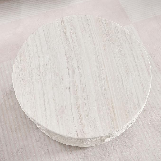 Round Coffee Table, 35.43" Fiberglass Imitation Stone Accent Table for Living Room, Bedroom, Apartment & Office, Beige, No Need Assembly