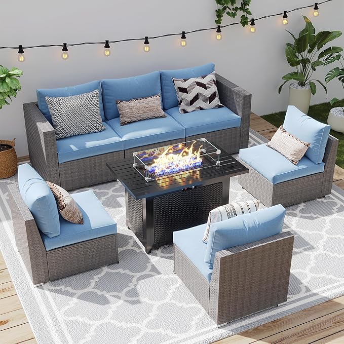 Wisteria Lane Patio Furniture Set for All Wheather, 7 Pieces Wicker Outdoor Furniture Set with Washable Cushions & Fire Pit Table, Oversized Outdoor Sectional for Garden, Poolside, Backyard, Blue