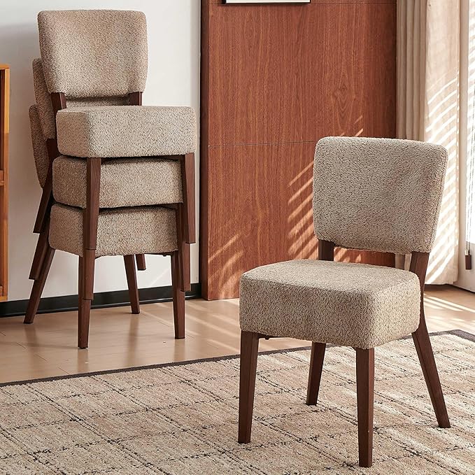 Howtek Modern Dining Chairs Set of 4 with 6.3" Thick Seat Cushions, Space-Saving Stackable Upholstered Kitchen Chairs, Ergonomic Backrest & Wood Grain Metal Legs, Brown