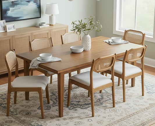 EALSON Farmhouse Rattan Dining Chairs Set of 6 Modern Mid Century Wood Dining Room Chairs with Cane Back Upholstered Linen Kitchen Side Chairs for Living Dining Room,Beige