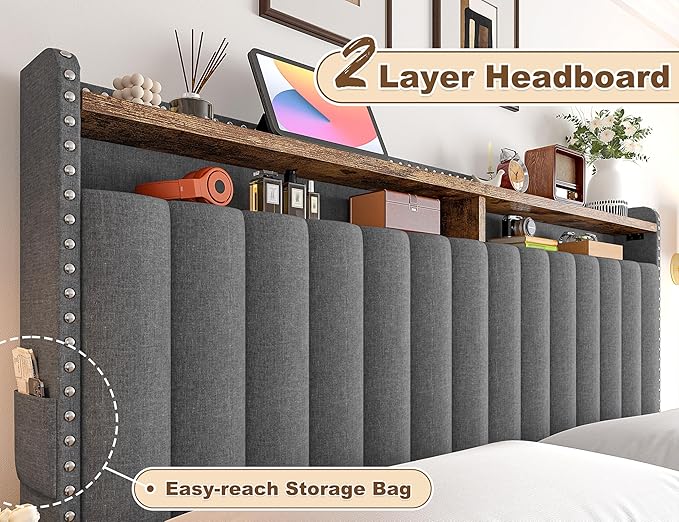 EnHomee King Size Bed Frame, Upholstered King Bed Frame with 4 Storage Drawers & 2-Tier Headboard Shelves, 1200LBS Heavy Duty, No Box Spring Needed, Easy Assembly, Grey