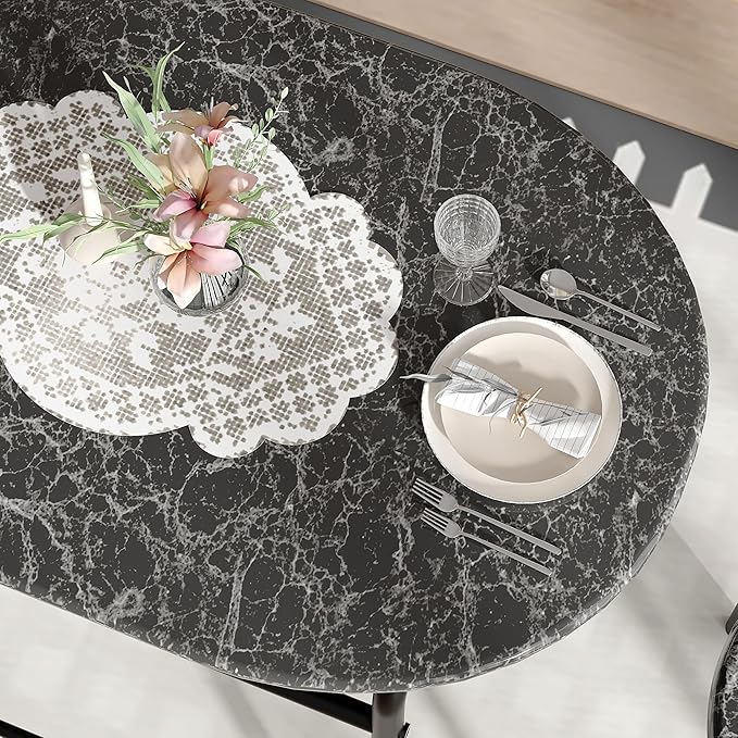 VECELO 3-Piece Dining Table Set for Kitchen Breakfast Nook, Wood Grain Oval Tabletop and Metal Frame with Built-in Wine Rack, for Small Spaces, Faux Marble & Black