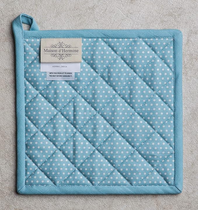 Maison d' Hermine Pot Holders Set 100% Cotton Heat Resistant Potholders 8" x 8" Hot Pads with Loop BBQ, Cooking, Baking, Grilling, Kitchen, Handling Hot Pans Spring/Summer (Pack of 2, Giverny)