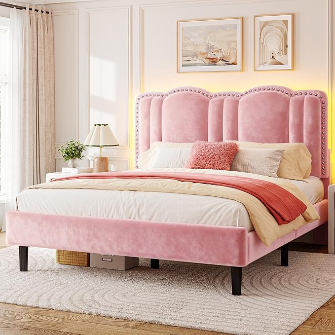 EnHomee Queen Bed Frame with LED and Velvet Headboard, Bed Frame Queen Size with Adjustable Cute Cloud Headboard, Strong Support, Noise Free, No Box Spring Needed, Easy Assembly, Pink