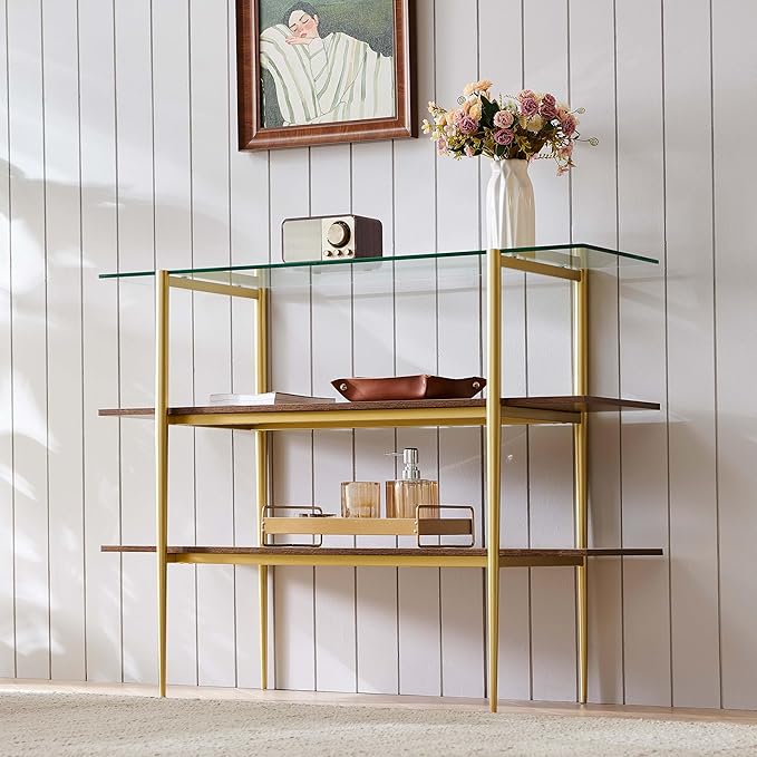 Glass Console Table for Living Room, Foyer & Entrance, H41 x W14 x H31inch, 3-Tier Mid-Century Modern Sofa Table with Clear Glass Top, Walnut Finish Wood Shelf and Gold Finish Frame