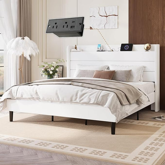 SHA CERLIN King Size Bed Frame with Charging Station, Velvet Upholstered Platform Bed, Wingback Storage Headboard, Type-C & USB Ports, Strong Wooden Slats, No Box Spring Needed, Easy Assembly, White