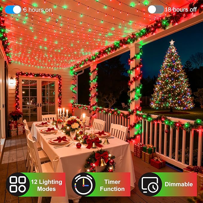 470FT 1500LED Christmas Lights, 12 Modes Red and Green Outdoor String Lights with Timer & Dimmable, Waterproof Green Wire Christmas String Lights for Indoor Tree Xmas Patio Fence Balcony Garden Party