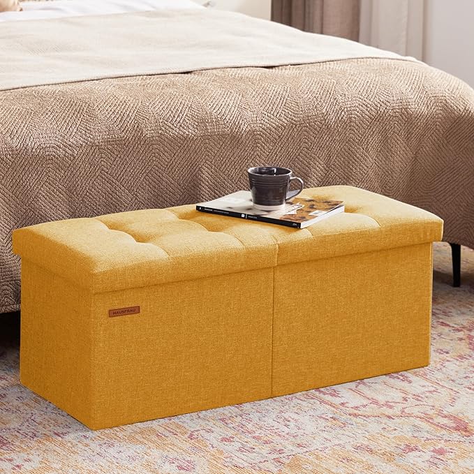 HAUSFRAU 31.5 Inches Ottoman with Storage Bench, Folding Ottoman Bench Small Foot Rest Stool, Bedroom Bench with Flipping Lid, Linen Gold