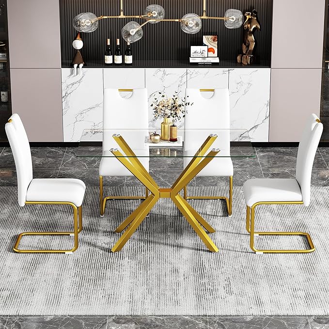 47" Tempered Glass Dining Table for 4, Modern Kitchen Table Rectangle Top, Geometric Metal Leg, for Apartment Dining Room Restaurant (Gold)