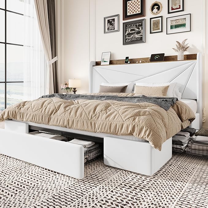 SHA CERLIN King Size Bed Frame with 3 Drawers, USB & Type-C Charging Ports, Velvet Upholstered Platform Bed with Modern Geometric Wingback Storage Headboard, No Box Spring Needed, Easy Assembly, White