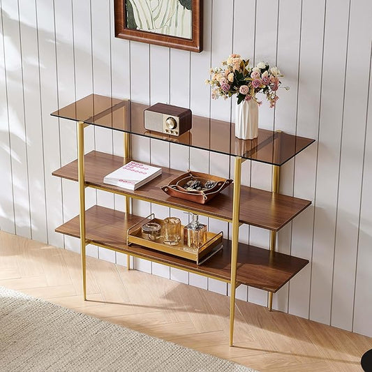 Glass Console Table for Living Room, Foyer & Entryway, L41 x W14 x H31 Inch, 3-Tier Mid-Century Modern Sofa Table with Amber Glass Top, Walnut Finish Wood Shelf and Gold Finish Frame