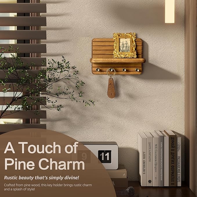 Rebee Vision Small Key Holder Wall Mount for Home Decor – Decorative 7-Inch Pine Wooden Key Holder for Wall with 4 Hooks & Mini Floating Shelf - Modern Farmhouse Home Organization (Light Brown)