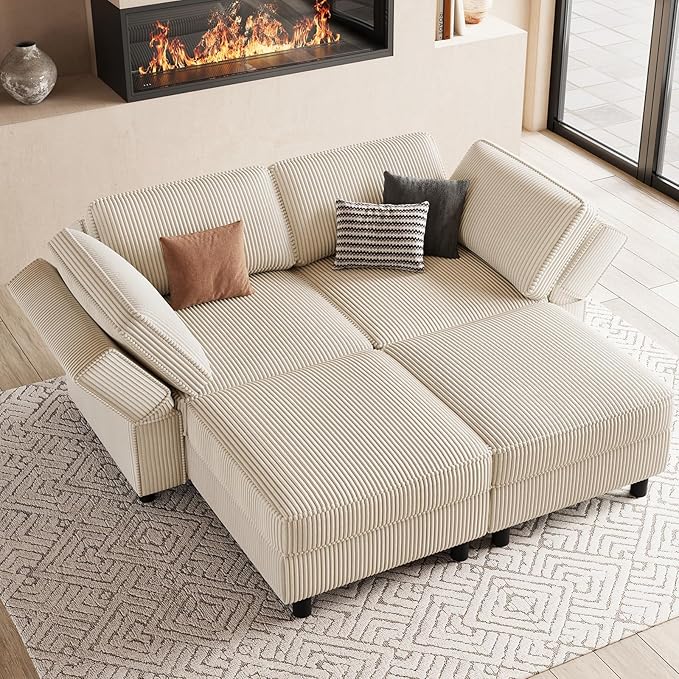63" Modular Sectional Sofa with Storage Seat,Corduroy Sectional Couch Convertible 4 Seat Modular Sleeper Sofa Couch with Movable Ottoman Chaise,Comfy Sectional Couches for Living Room,Beige