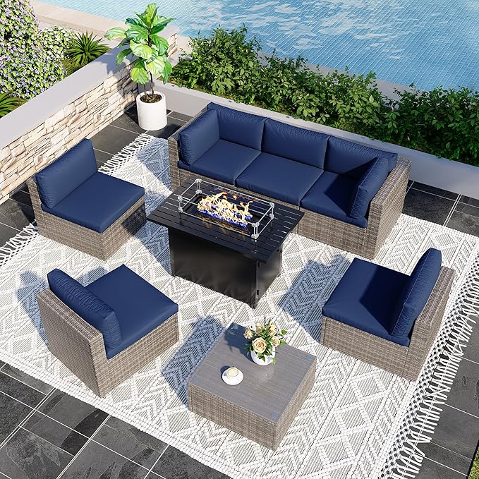 8 Pieces Outdoor Patio Furniture Set with 43" Fire Pit Table, Wicker Outdoor Patio Sectional Sofas with Coffee Table and Cushions, All-Weather Patio Conversation Set for Backyard Garden, Navy Blue