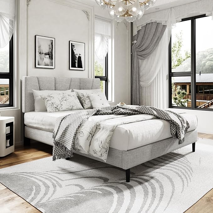 Full Size Platform Bed Frame with Upholstered Headboard, Wooden Slats Support, Noise Free, No Box Spring Needed, Easy Assembly, Light Grey, Linen