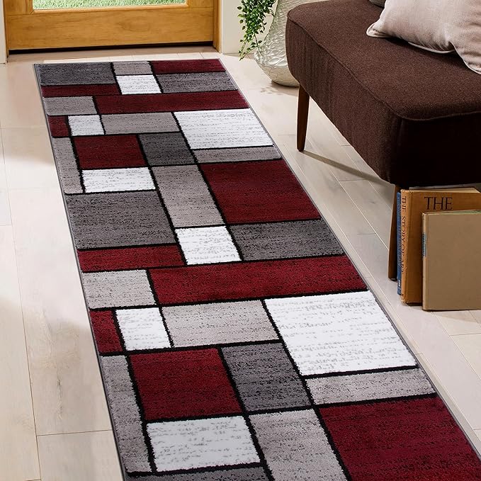 Rugshop Modern Geometric Boxes Red Area Rug, Carpet with Jute Backing for Hallway, Entryway, or Laundry Room, 2' x 7'2"