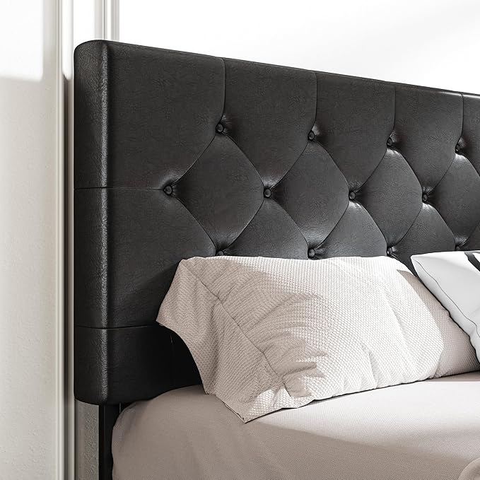 MUTICOR Full Size Bed Frame with 4 Storage Drawers, Upholstered Platform Bed with Button Tufted Adjustable Headboard, No Box Spring Needed, Easy Assembly, Diamond Tufted, Black Leather