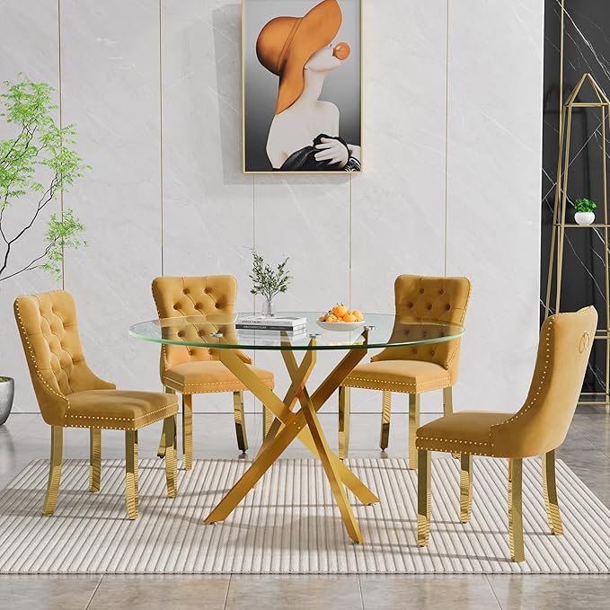 Goujxcy 5 Piece Round Glass Dining Table Set for 4, 47" Round Dining Table & Chair Set Modern Circle Glass Kitchen Table and 4 Velvet Upholstered Chairs for Kitchen Dining (Gold Table & Gold Chair)