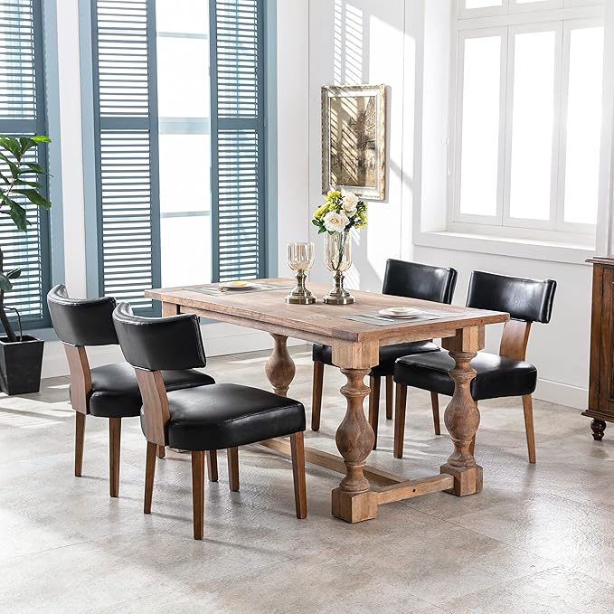 Mid Century Modern Dining Chairs Set of 2 PU Leather Upholstered Side Chairs, Modern Kitchen Armless Parson Chairs Solid Wood Dining Chairs, Black