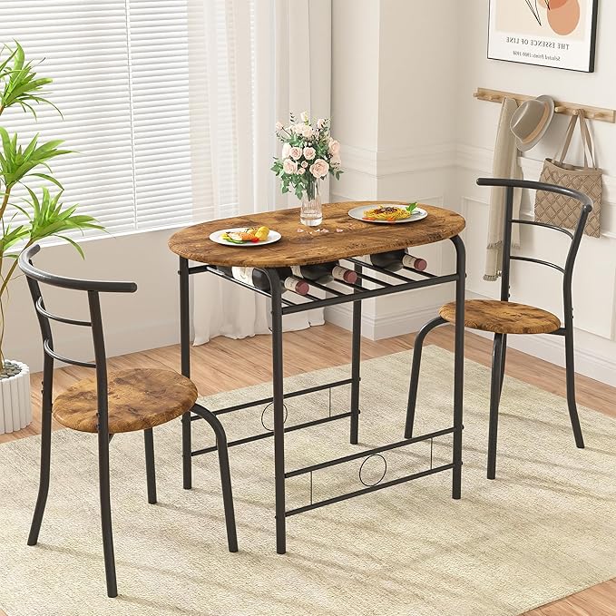 VECELO 3-Piece Dining Table Set for Kitchen Breakfast Nook, Wood Grain Oval Tabletop and Metal Frame with Built-in Wine Rack, for Small Spaces, 31.5", Antique & Black