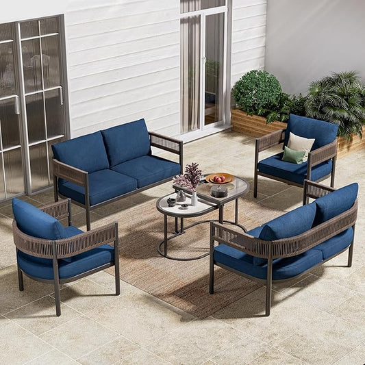 Grand patio 6-Piece Outdoor Furniture Set, 6 Seats Wicker Sofa Conversation Set with Thick Cushions and Coffee Table, for Backyard, Balcony, Garden (Peacock Blue)
