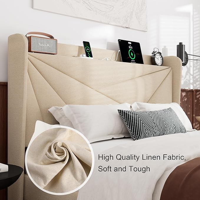 Feonase Full Size Bed Frame with Charging Station, Upholstered Linen Bedframe with Wingback Headboard, Solid Wood Slats Support, Noise Free, No Box Spring Needed, Beige