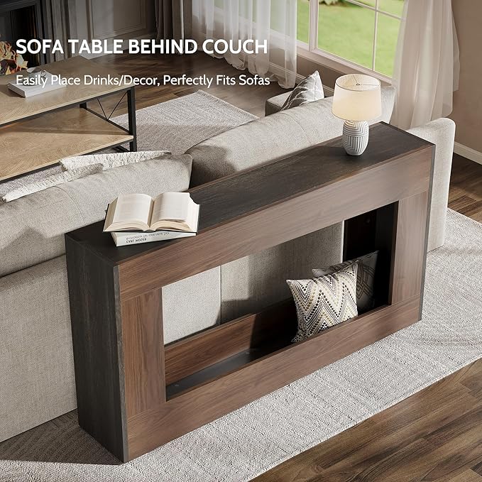 63-Inch Wood Console Table, Long Entryway Table with Storage Shelf, Farmhouse Narrow Sofa Table Behind The Couch for Living Room, Entryway, Hallway (Brown & Black)