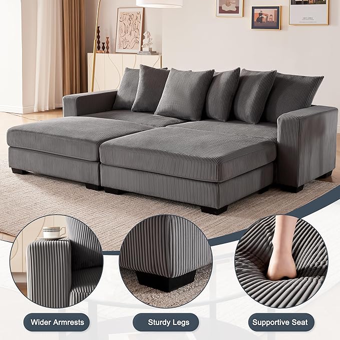 101.6" Deep Seat Corduroy Sectional Couches for Living Room, Comfy Upholstered Modular Sectional Sofa Bed, Cloud Couch with Thickened Cushions Widened Armrests，2 Seats + 2 Ottoman，Dark Grey